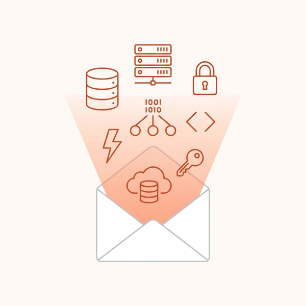 Open envelope with backend servers, databases, locks, and code nodes bursting out